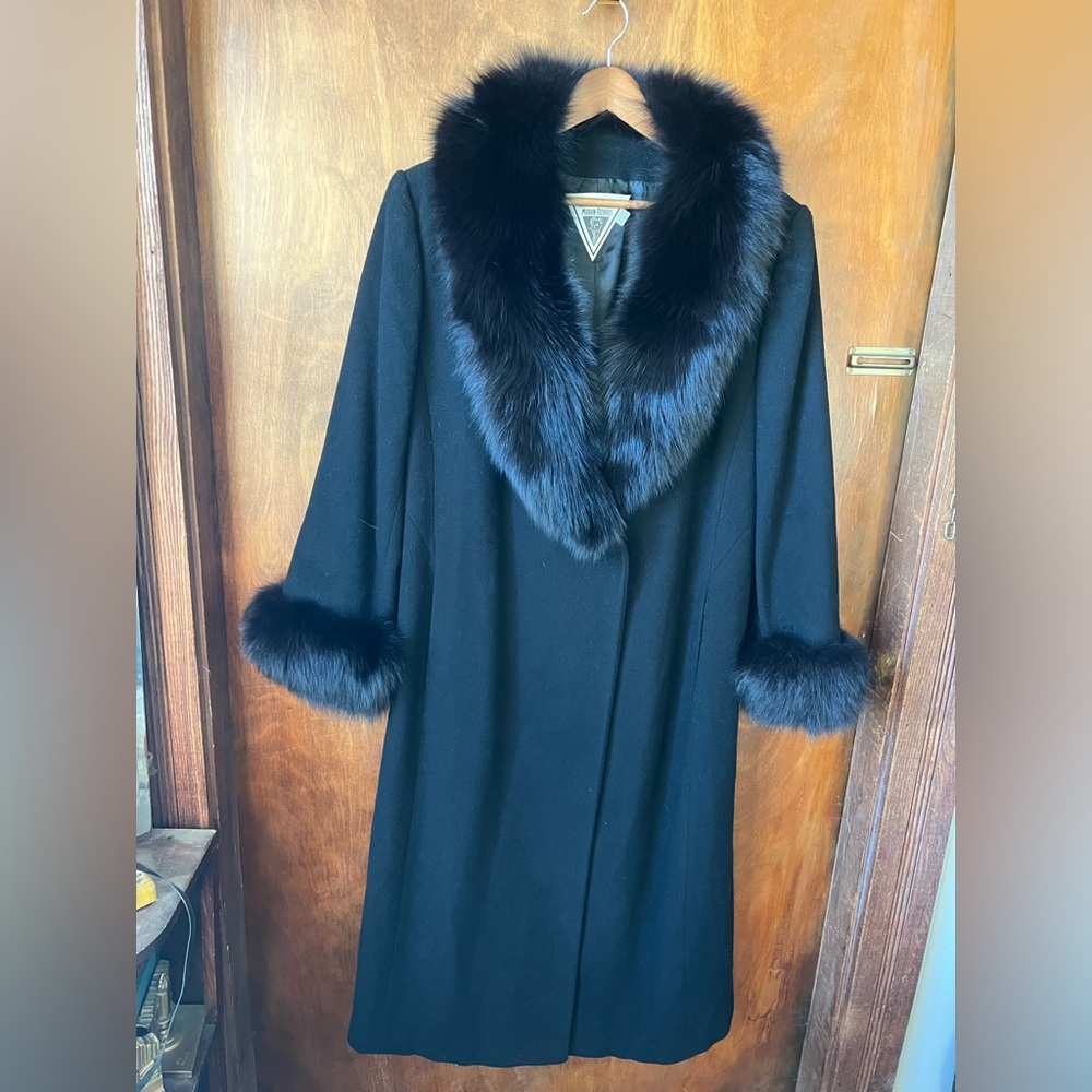 Luxury Long Swing Coat Marvin Richards Vintage Black Wool Fox Fur Trim